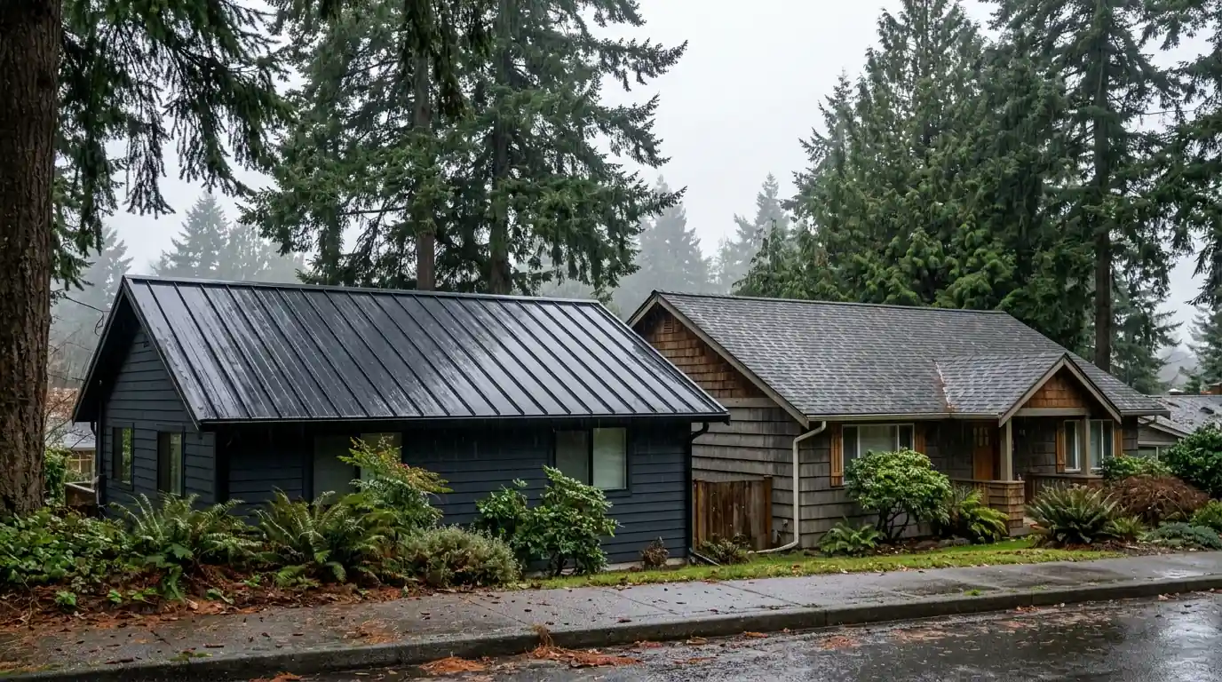 Standing seam metal roof beside a shingle roof in Tacoma