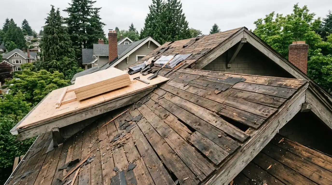 Old board sheathing exposed during a tear-off