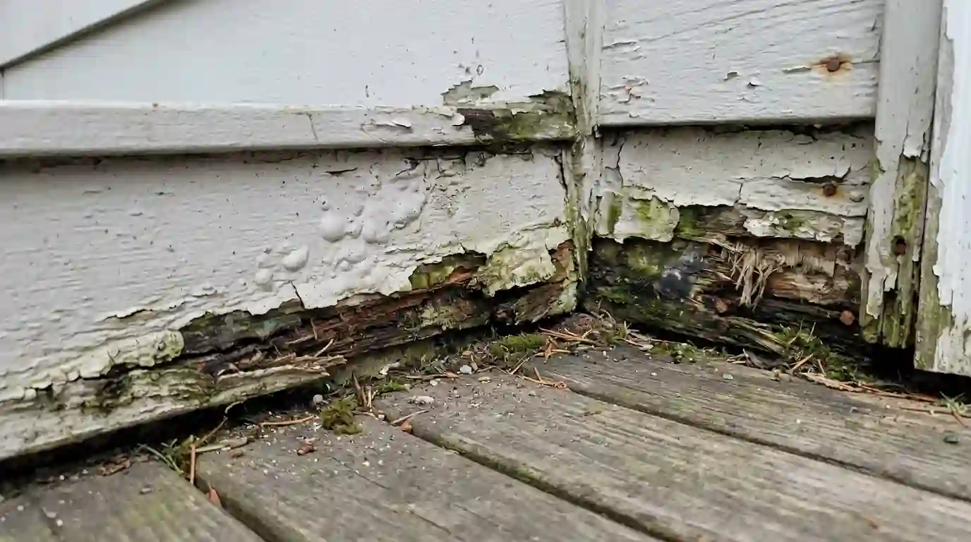 Rotted bottom edges of painted lap siding
