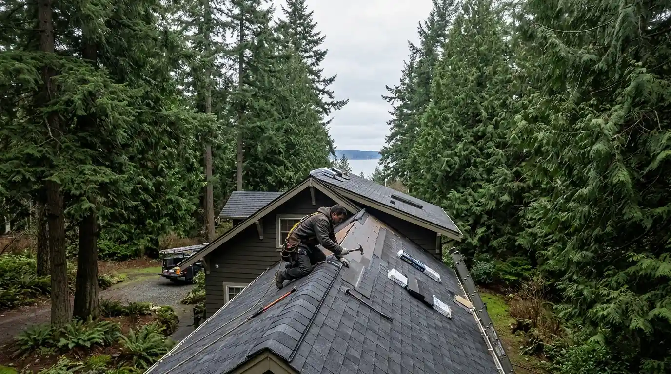 Roofer replacing wind-lifted shingles among tall firs
