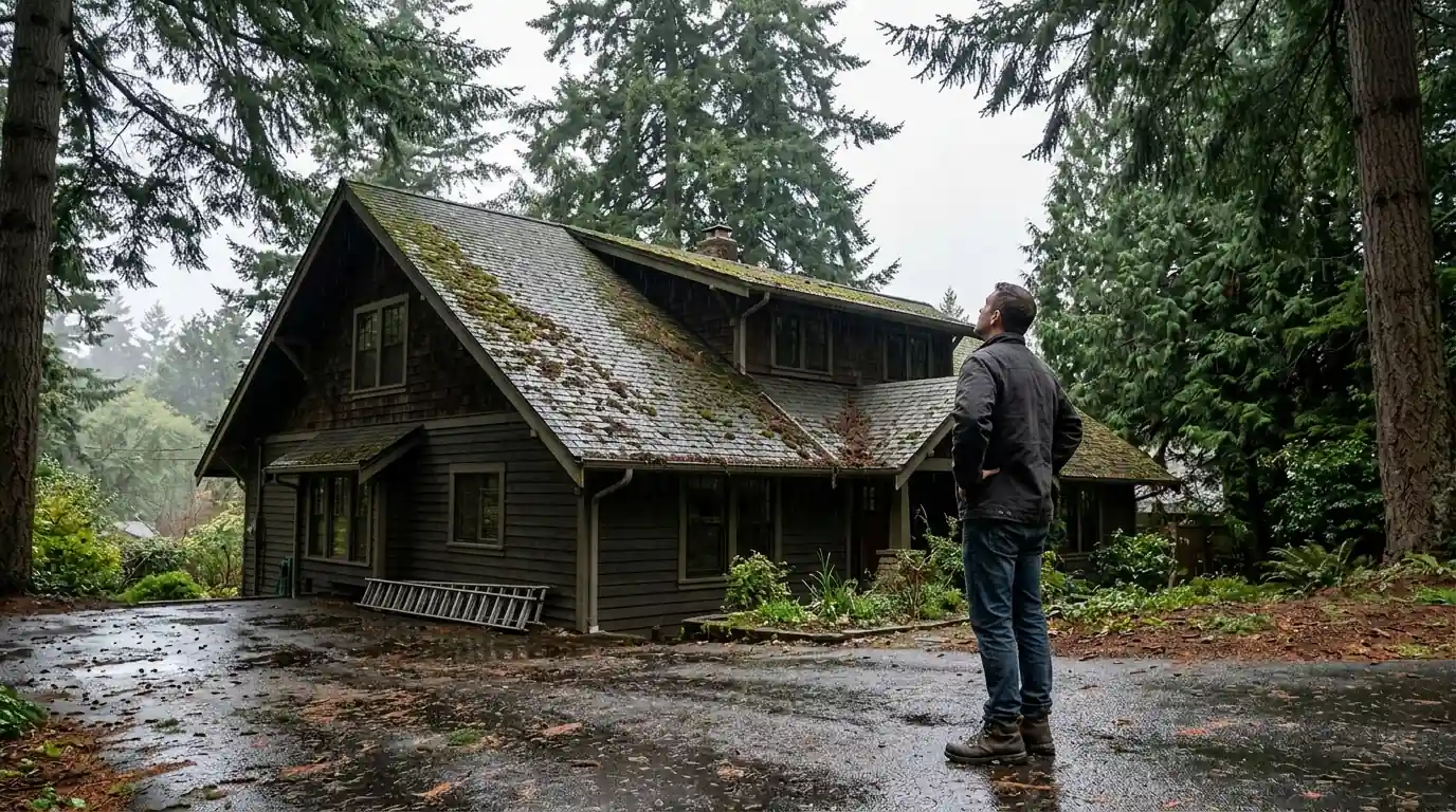Homeowner and roofer looking at a mossy roof from the driveway