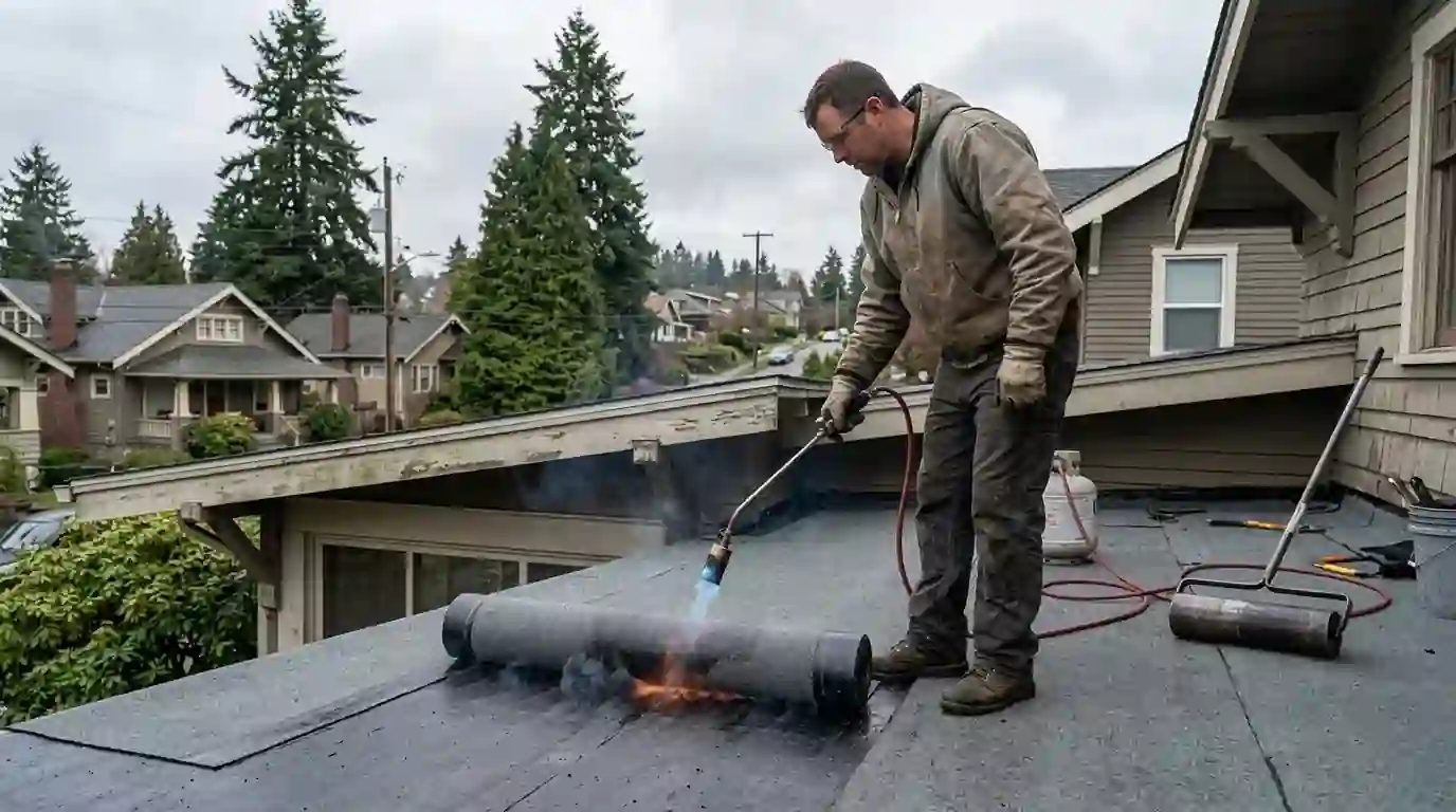 Roofer torching a cap sheet onto a flat roof