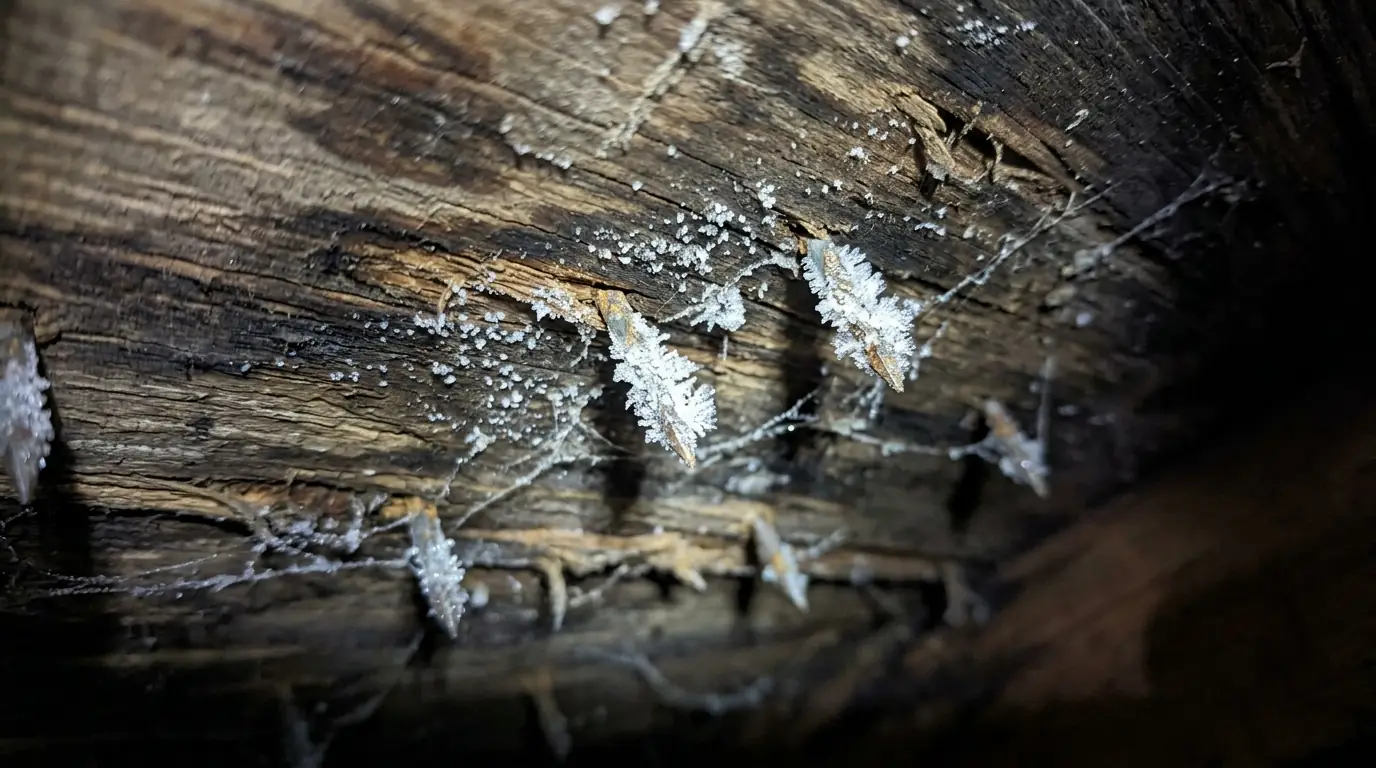 Frost on nail tips in a cold attic