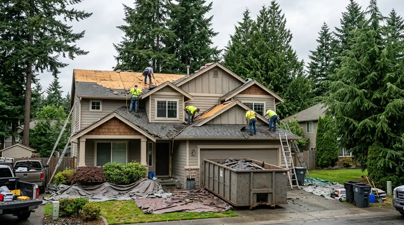 Crew stripping old shingles from a Pierce County house