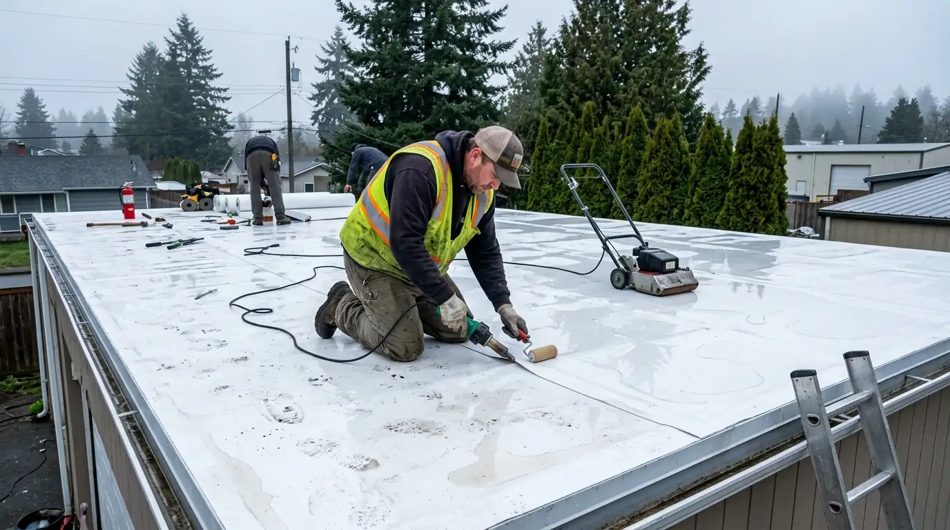 Torch-Down Roofing work on a house in Tacoma, Washington