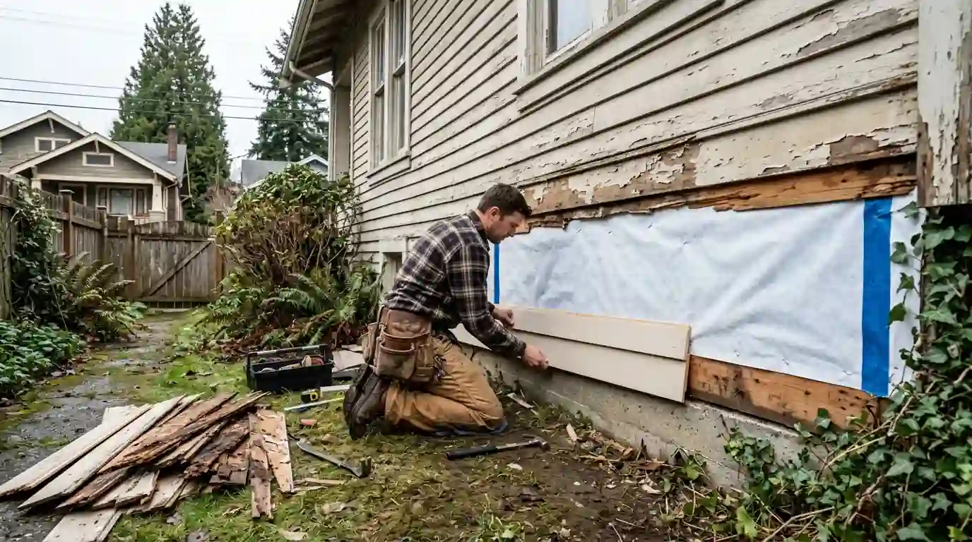 Rotted lap siding replaced near the ground on an older house