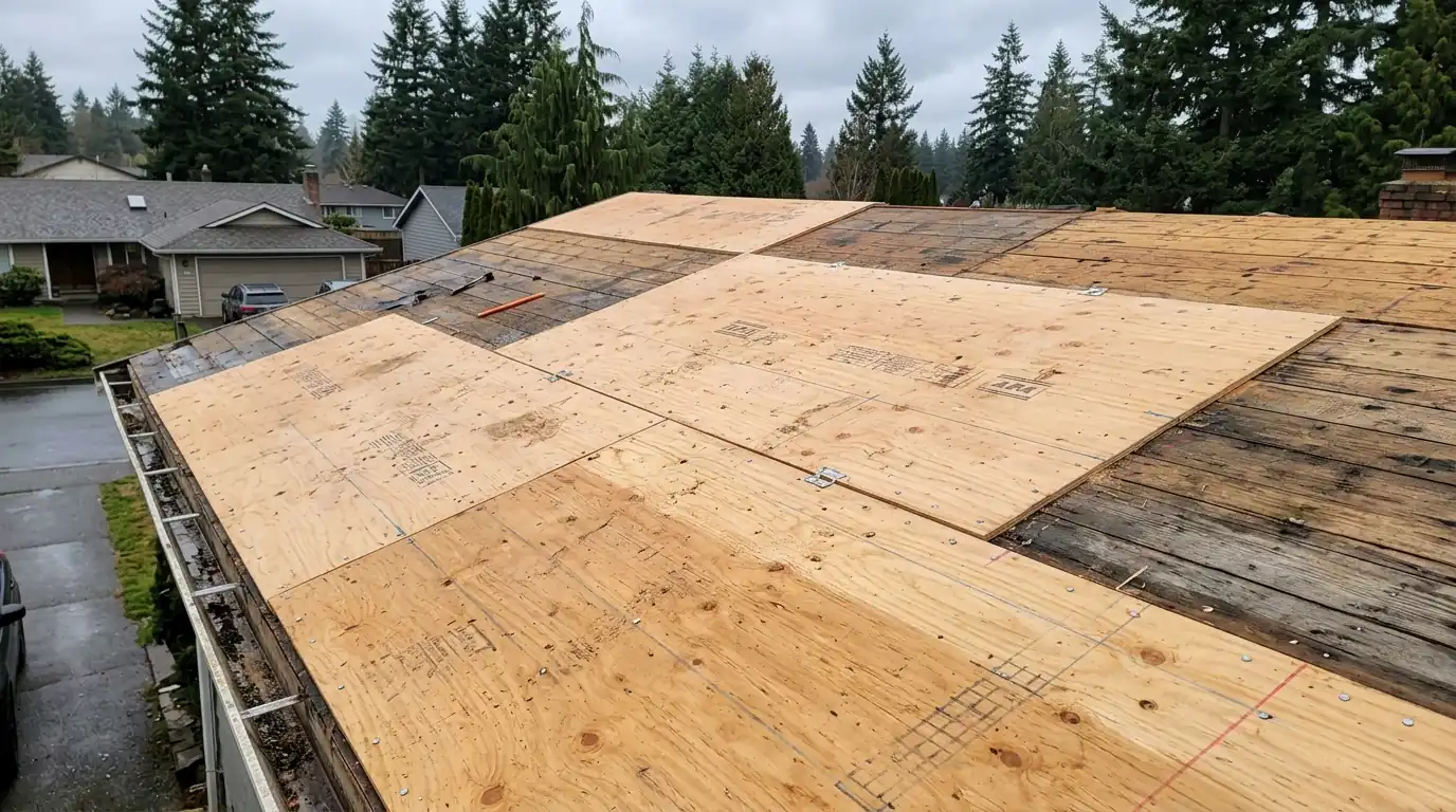 New sheathing on an open roof deck before inspection