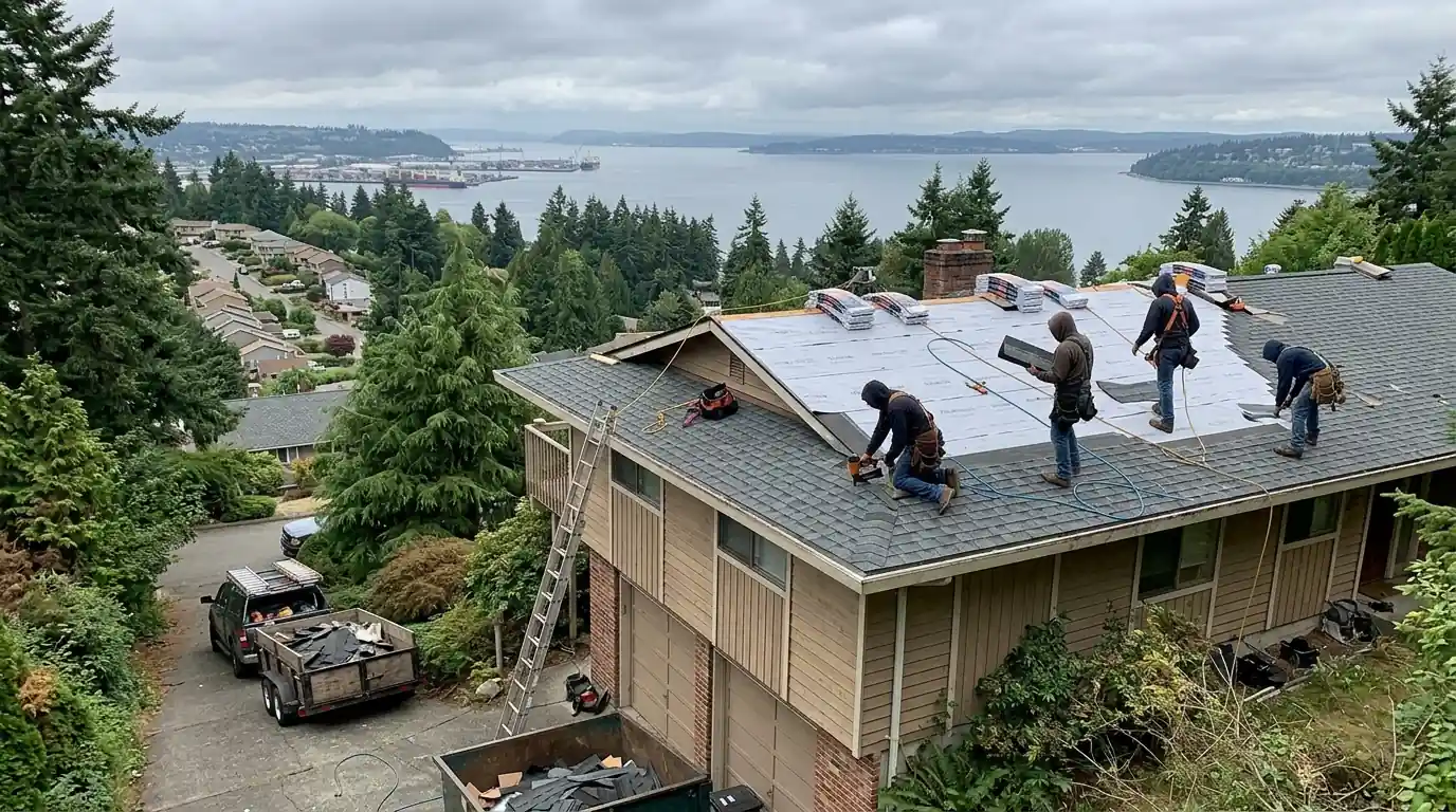 Roofers laying shingles on a hillside home in Northeast Tacoma