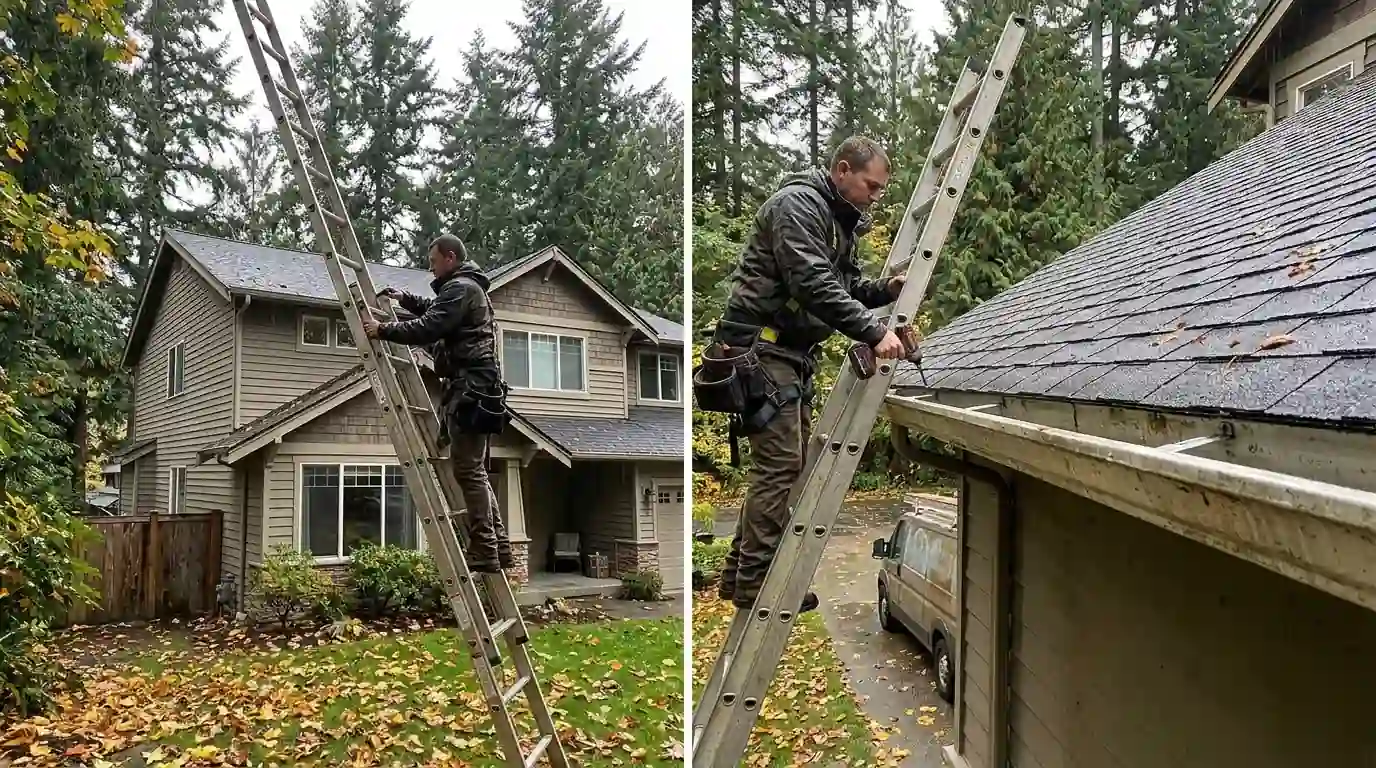 Rehanging a storm-loosened gutter on an Auburn house