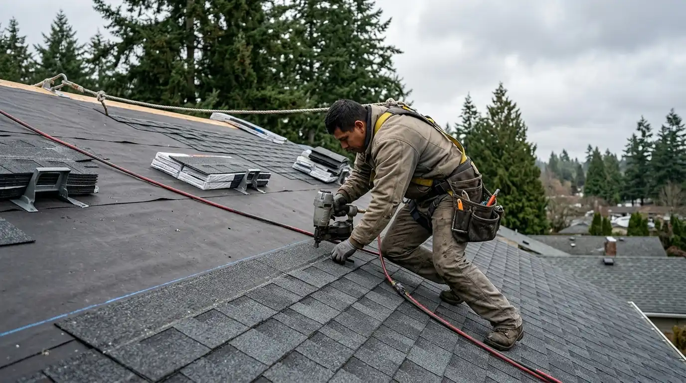 Roofer nailing architectural shingles along a chalk line