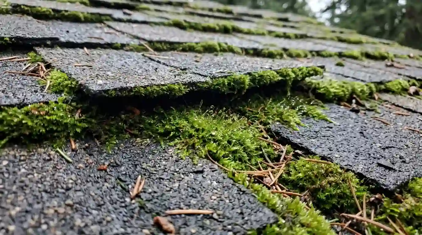 Moss lifting the edges of old shingles on a shaded Tacoma roof