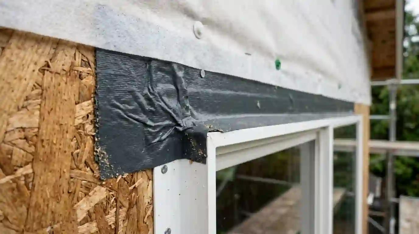 Flashing tape lapped over a window flange