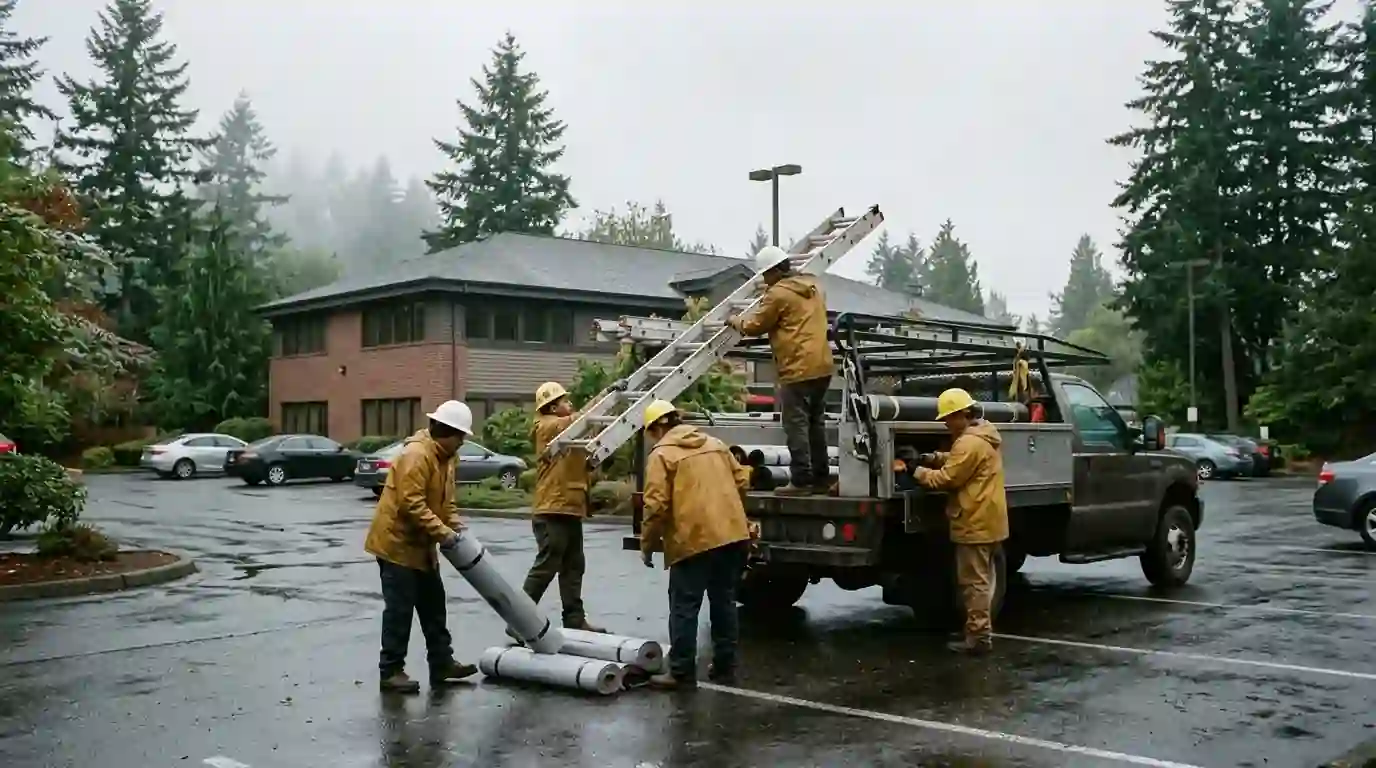 Crew loading ladders and roofing materials onto a truck in Puyallup
