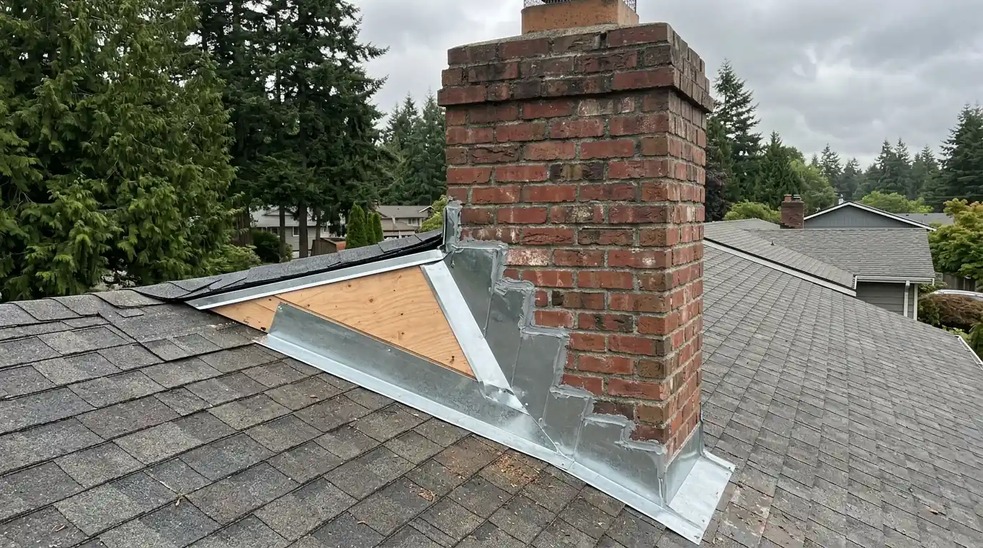 New flashed cricket behind a brick chimney