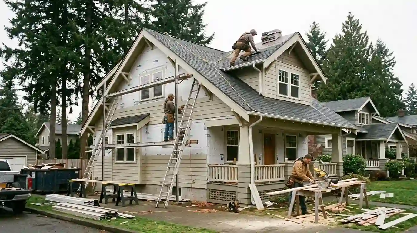 Roof and siding work on a two-story Tacoma house
