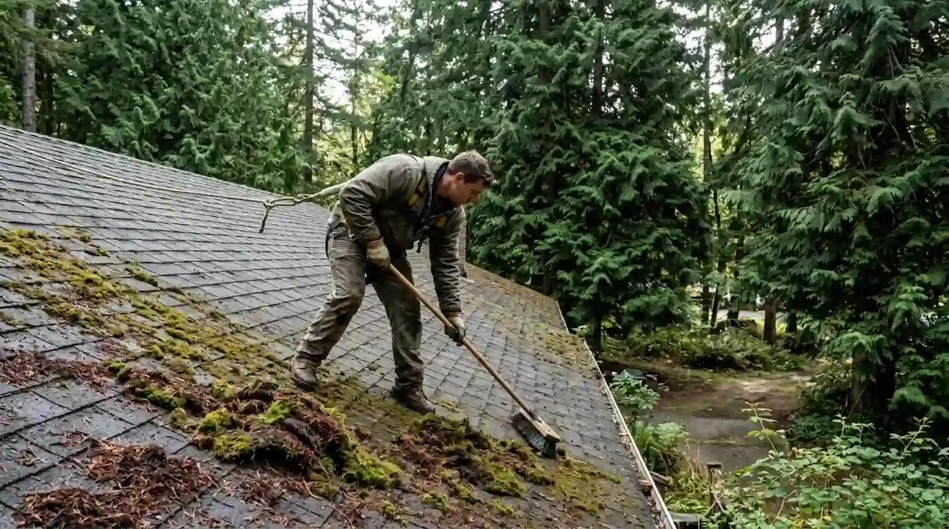 Clearing moss from a shaded roof in Graham