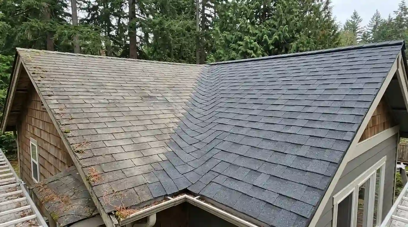 New addition roof woven into the old roof at a valley