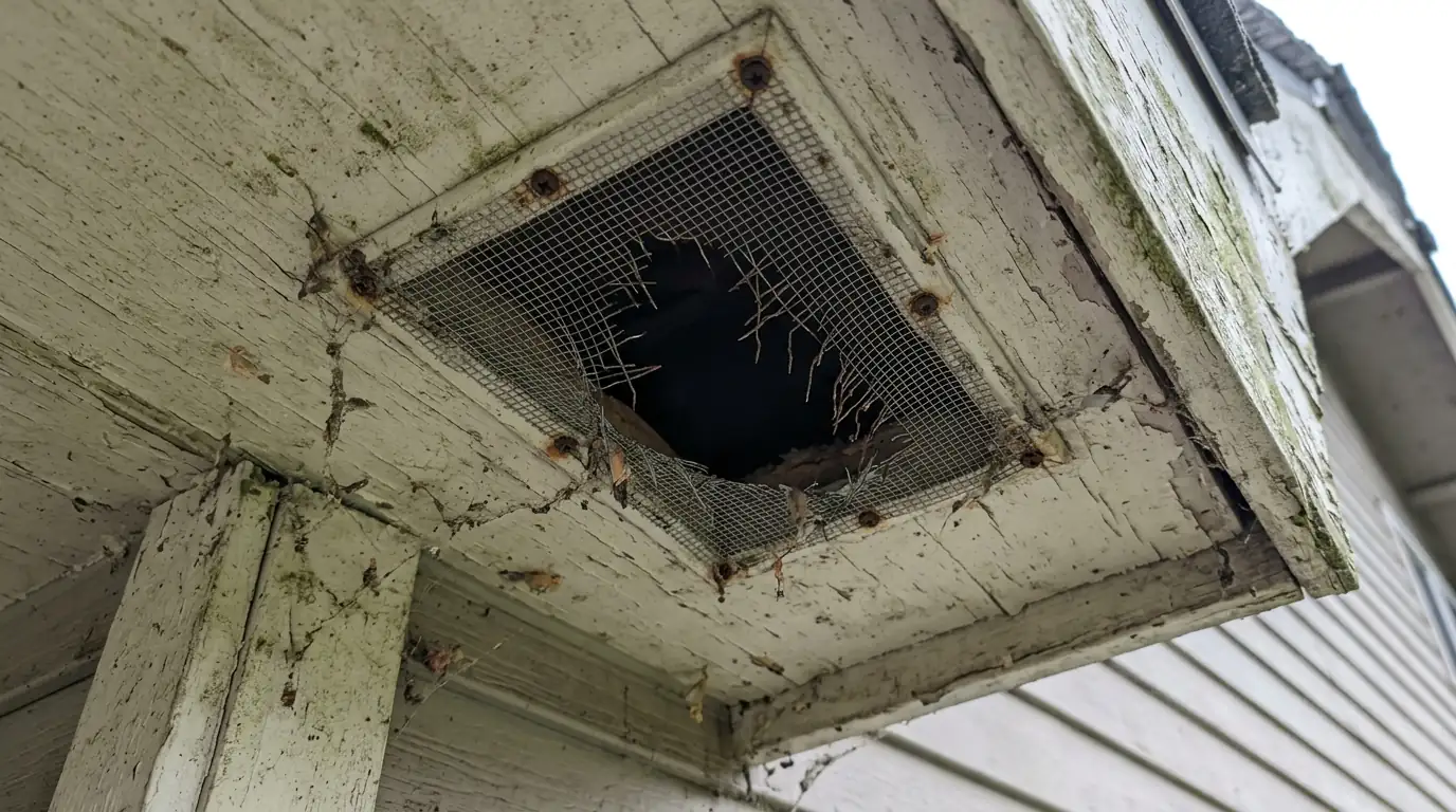 Chewed soffit vent screen at the eave