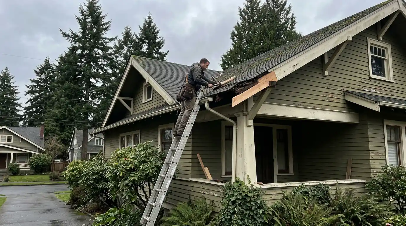 Roofer replacing a rotted rafter tail on an older North End house