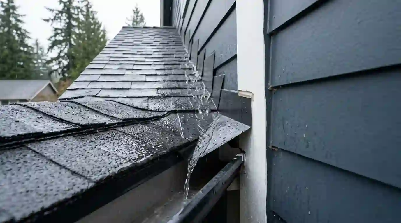 Kick-out flashing steering rain into a gutter
