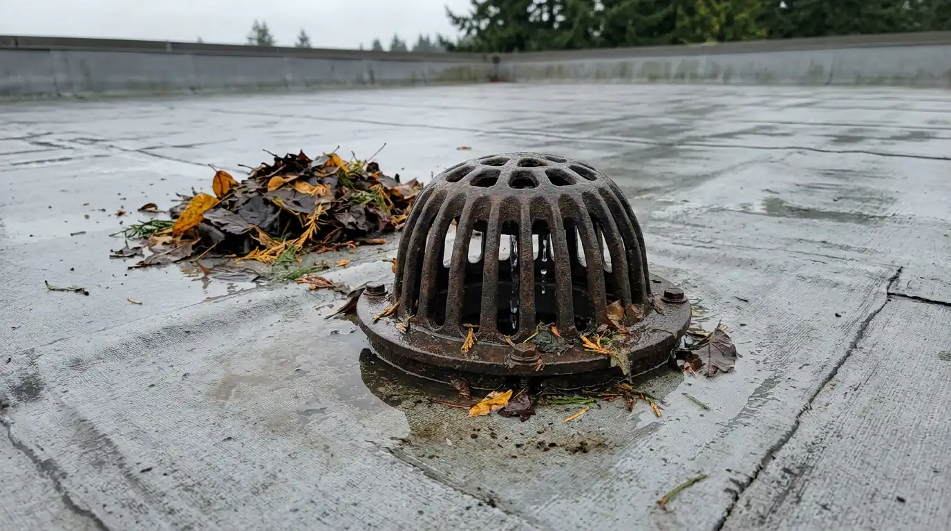 Cleared roof drain on a commercial membrane