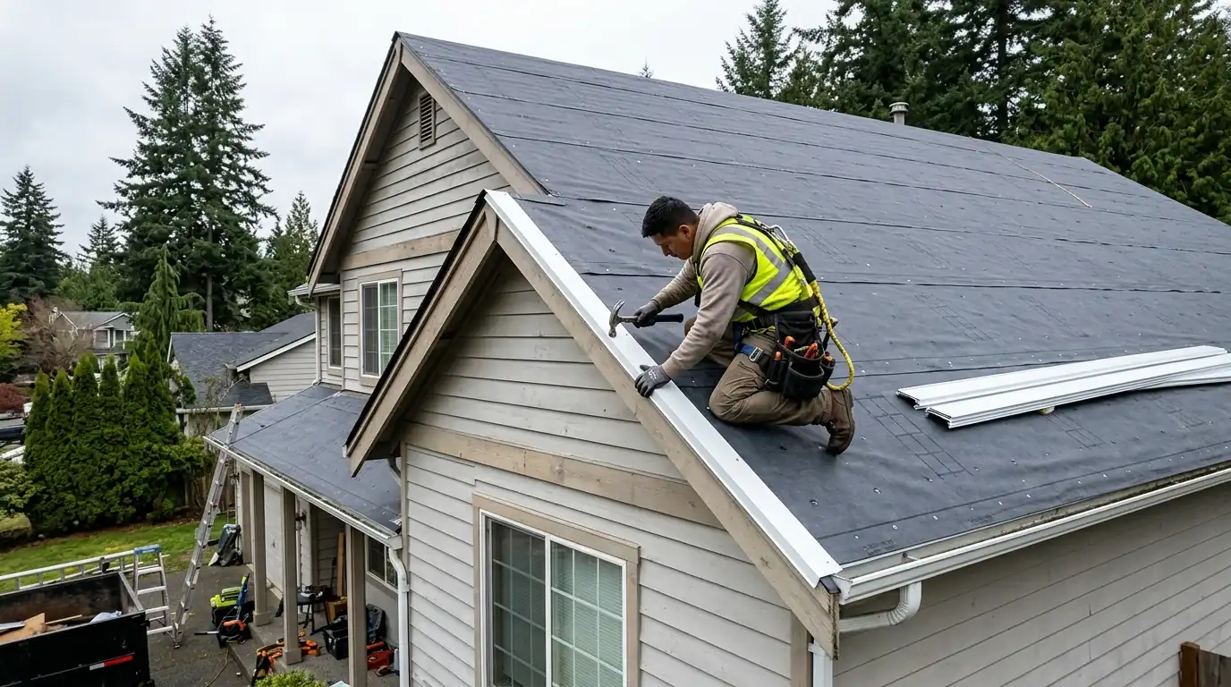 Drip edge going on the rake during a Puyallup reroof