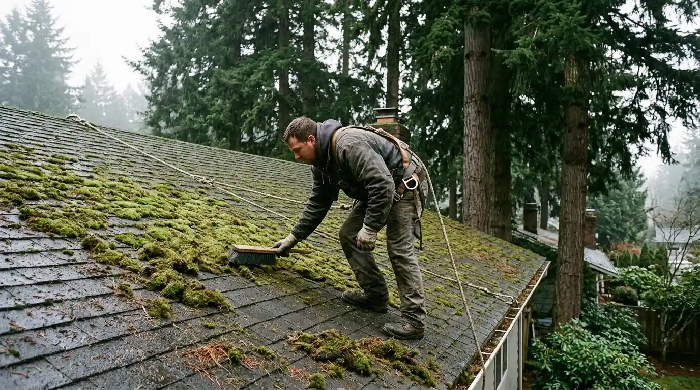 Roofer brushing moss off a shaded Tacoma roof