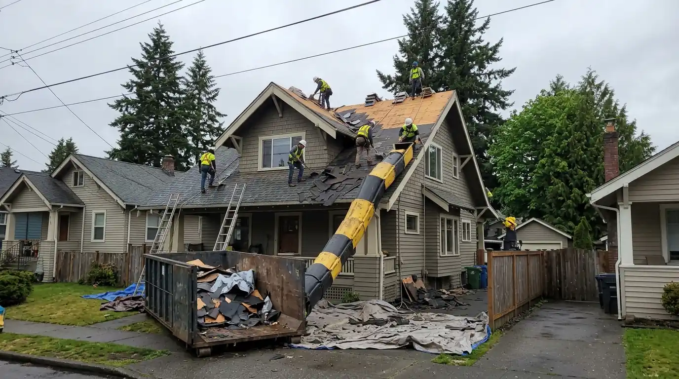 Roofers tearing off old shingles on a steep Tacoma house