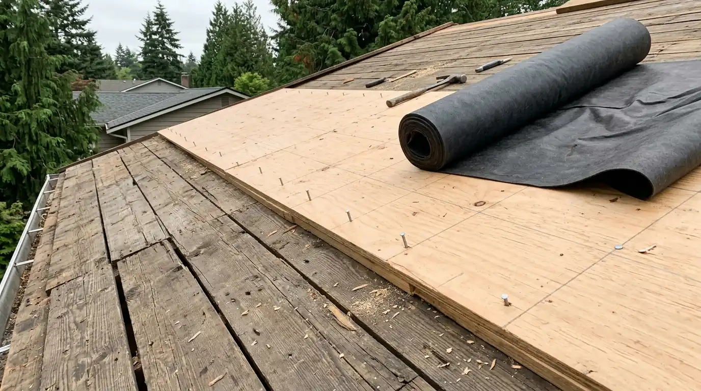 New plywood sheathing laid over old plank decking