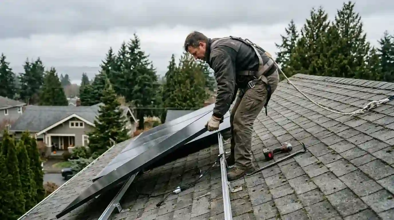 Solar panel being lifted off a roof before reroofing