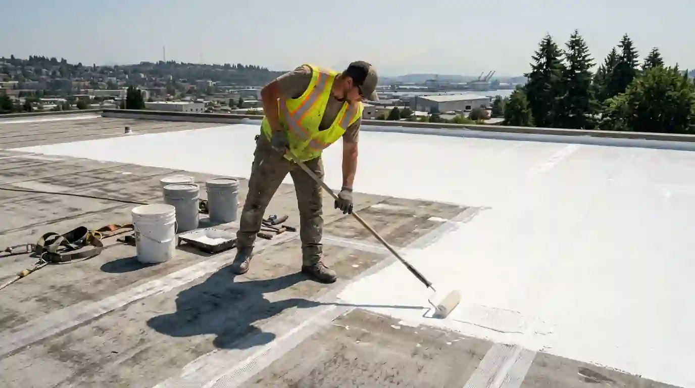 White silicone coating being rolled onto a flat roof