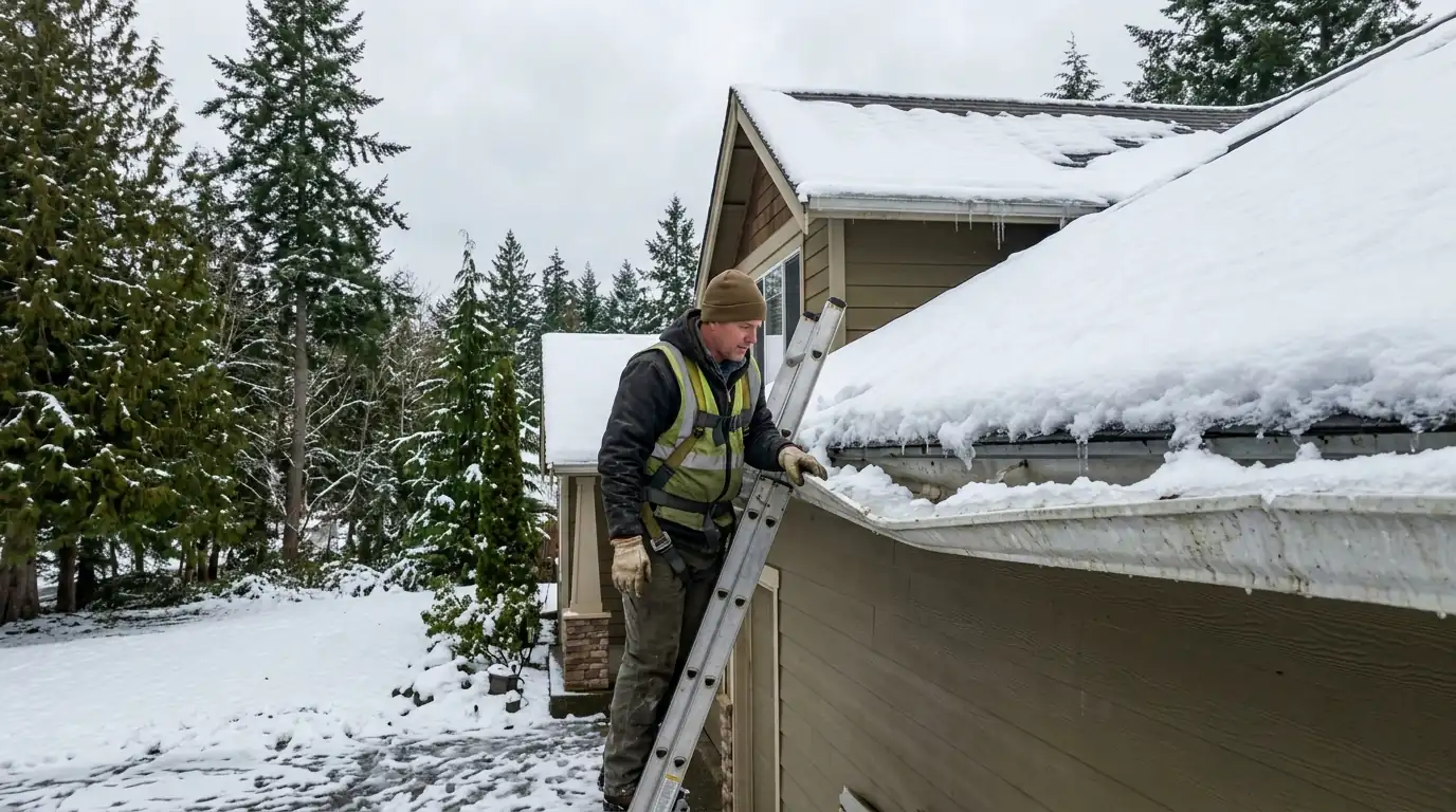 Roofer inspecting a snow-loaded roof near Olympia
