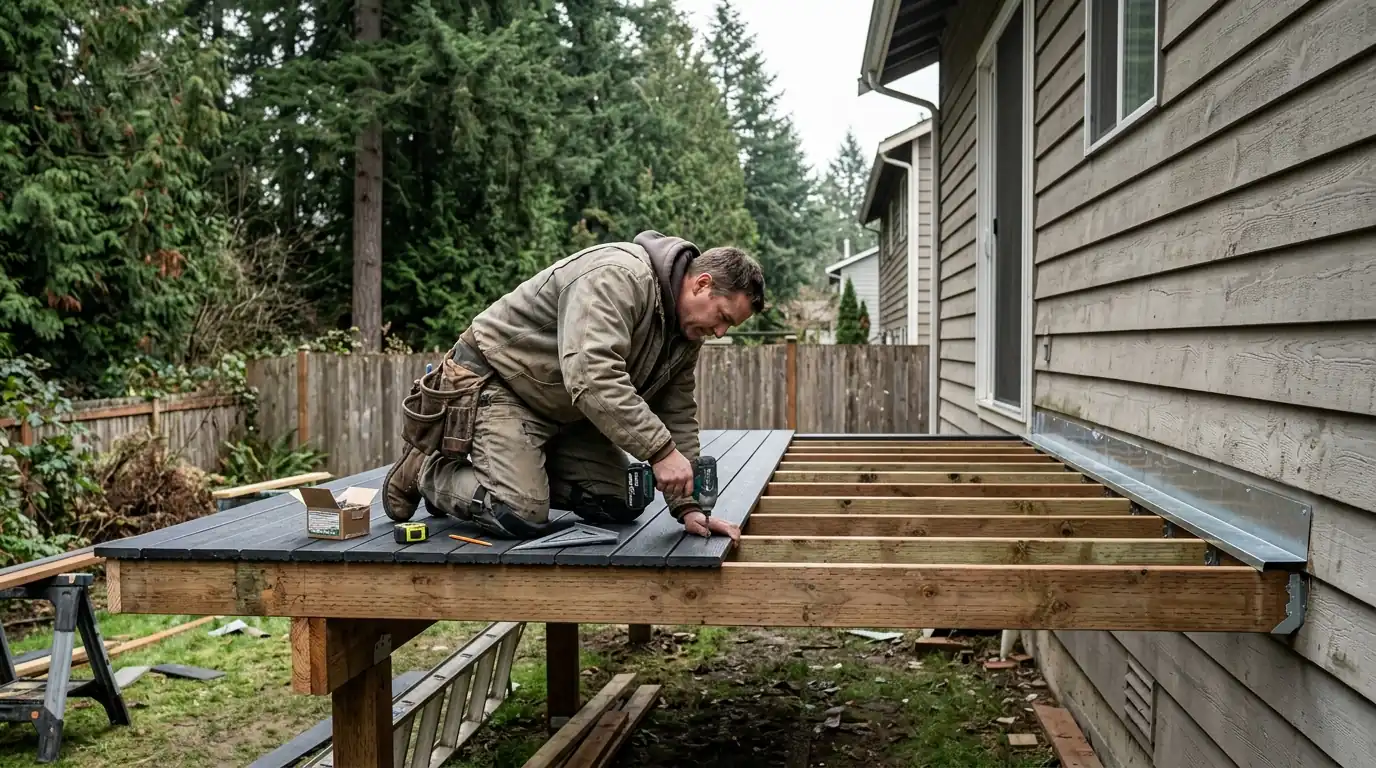 Carpenter laying composite boards on a new deck