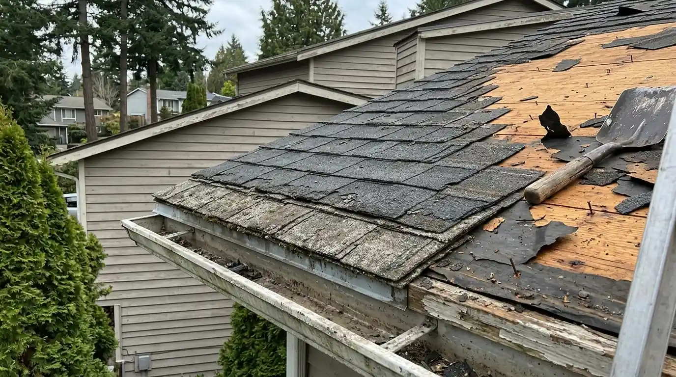 Two layers of old shingles visible at the eave during tear-off