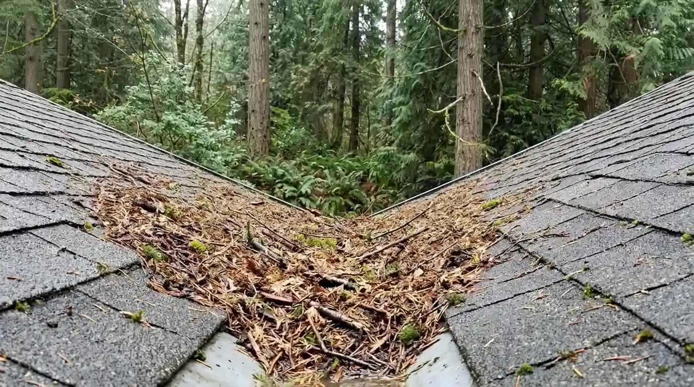 Fir needles packed in a roof valley and gutter
