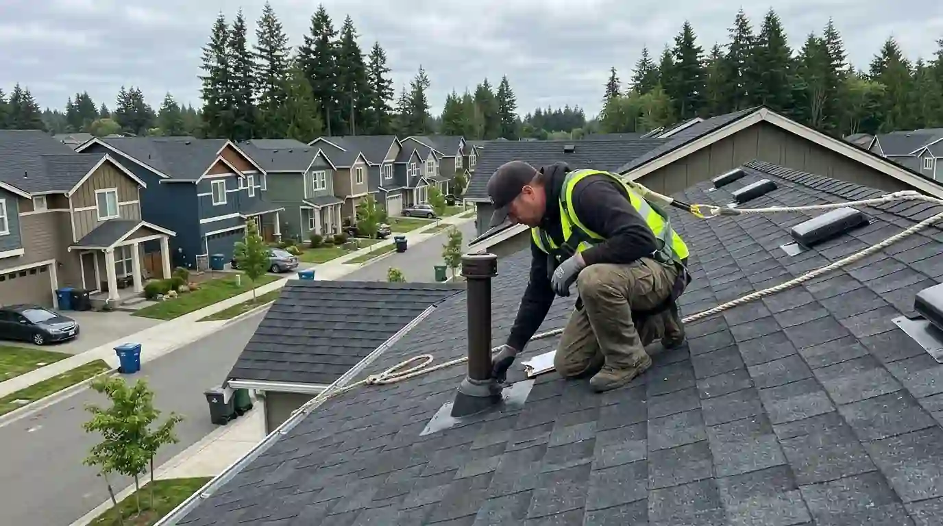 Roofer checking vent boots on a newer Eastside home