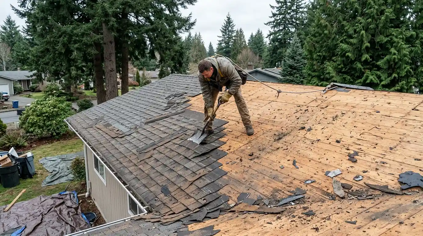 Stripping two layers of shingles on a Parkland house
