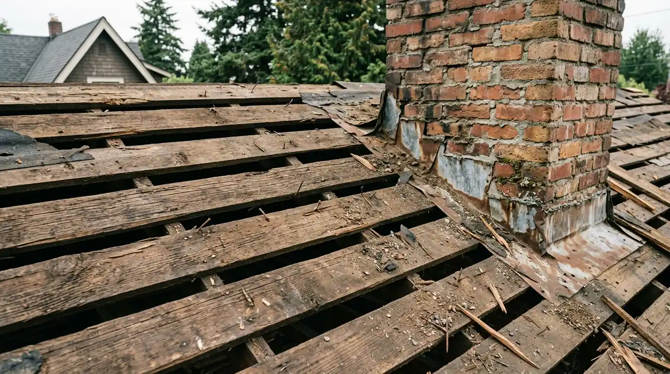Old plank roof boards exposed on a historic house