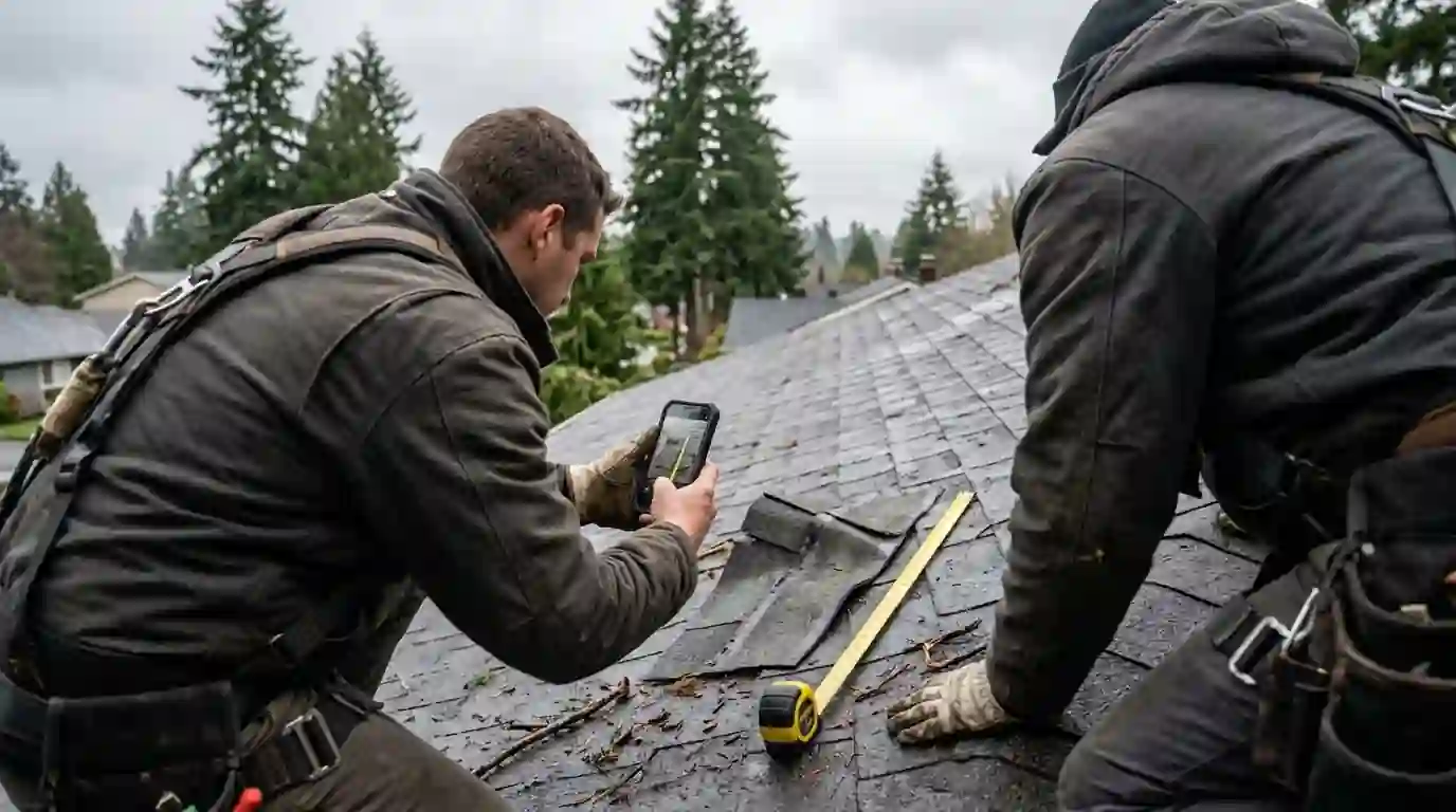 Roofer recording a wind-creased shingle with a tape measure