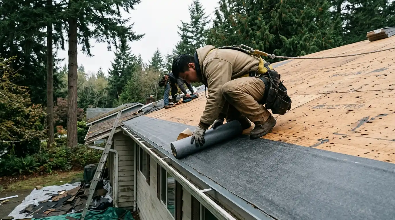 Ice barrier membrane rolled along a roof eave