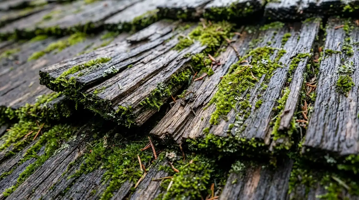 Cupped and mossy cedar shakes on a shaded slope