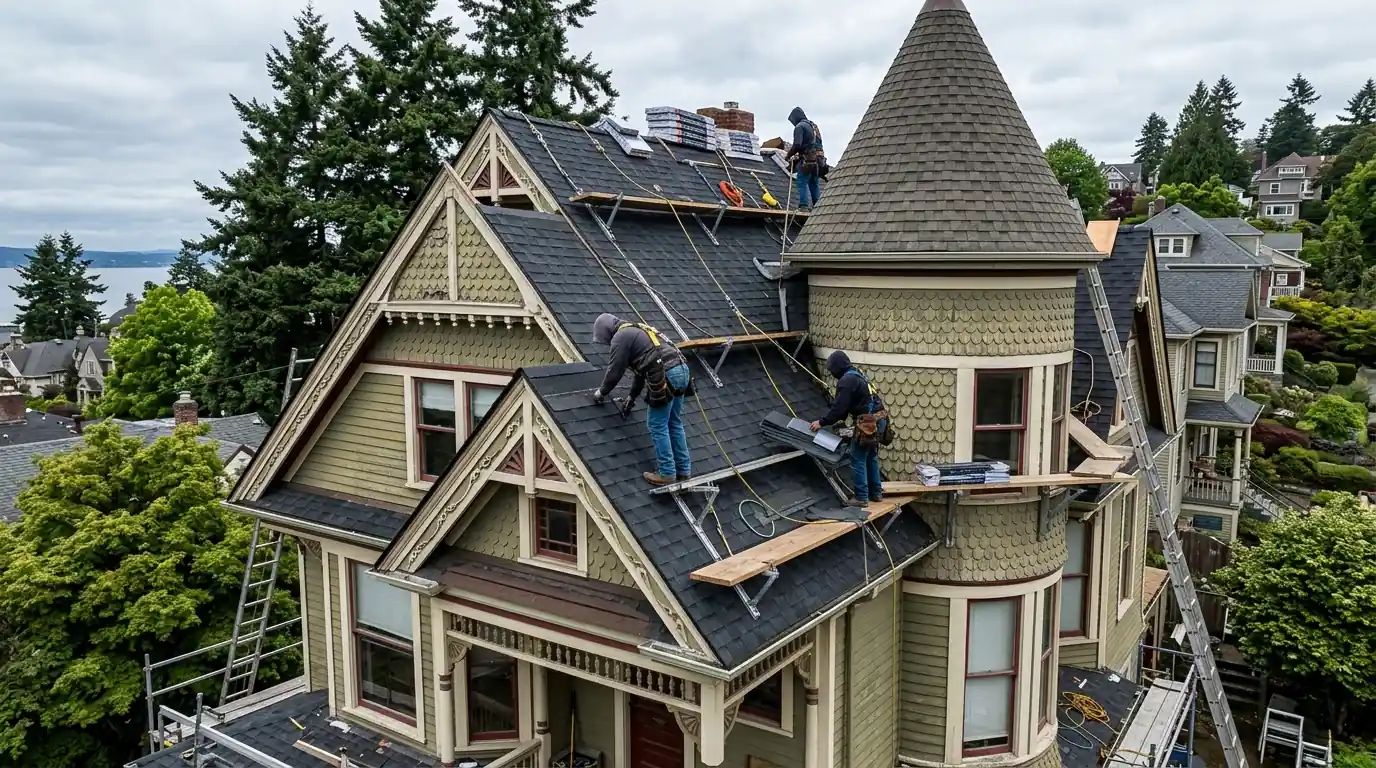 Roofers on a steep Queen Anne roof with a round tower