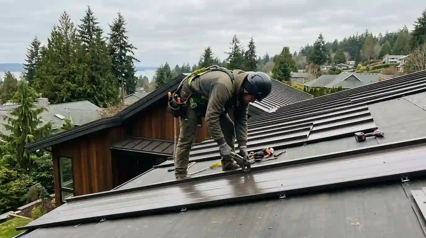 Roofer seaming a bronze standing seam metal panel