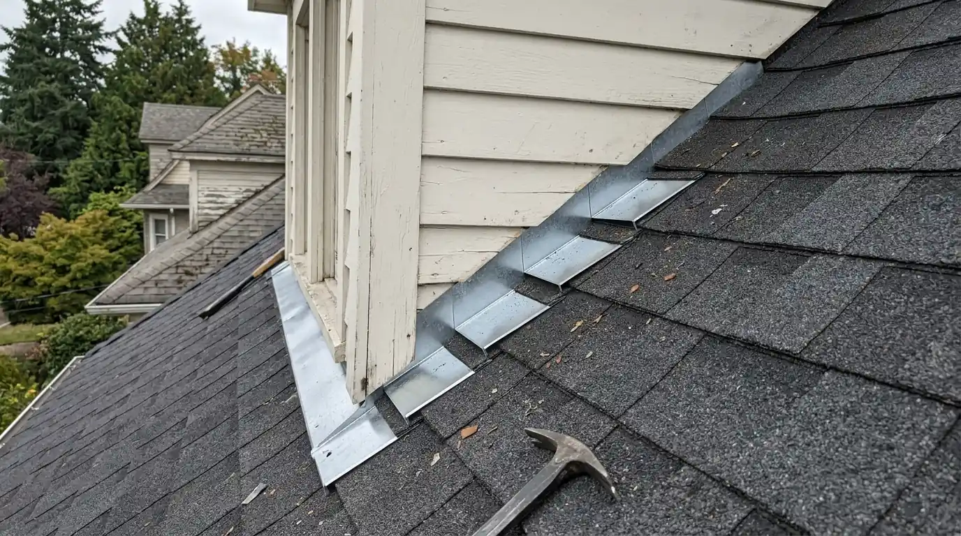 New step flashing at a dormer on a Colonial Revival roof