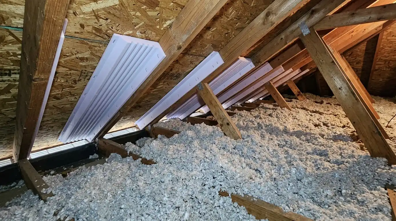 Rafter baffles keeping soffit vents clear in an attic