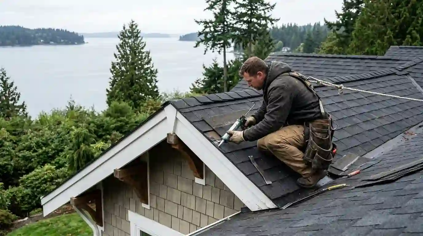 Resealing wind-lifted shingles on a Gig Harbor house