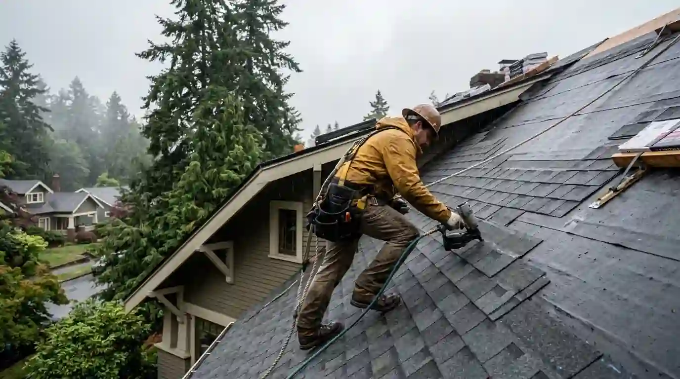 Roofer nailing architectural shingles on a Tacoma house under an overcast sky