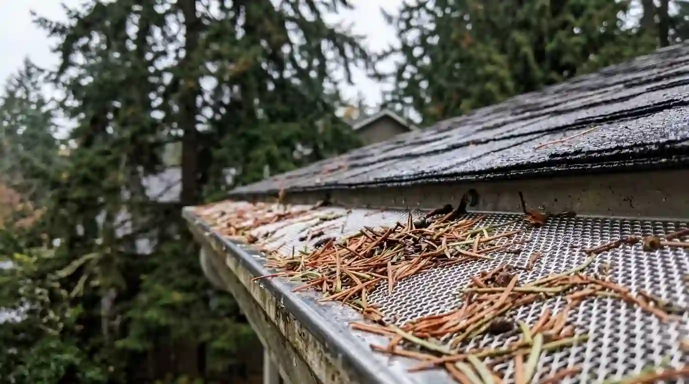 Micro-mesh gutter guard with fir needles on top