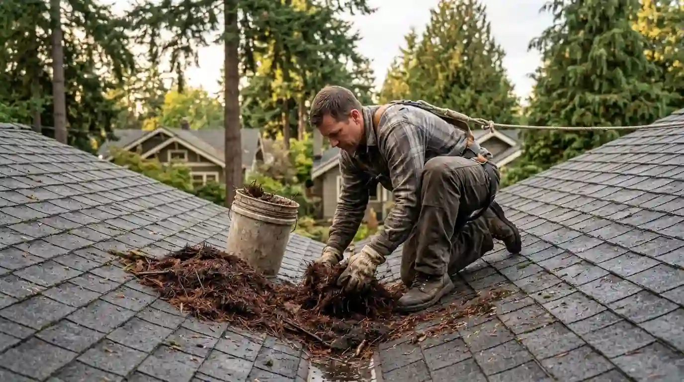 Roofer clearing needles from a roof valley