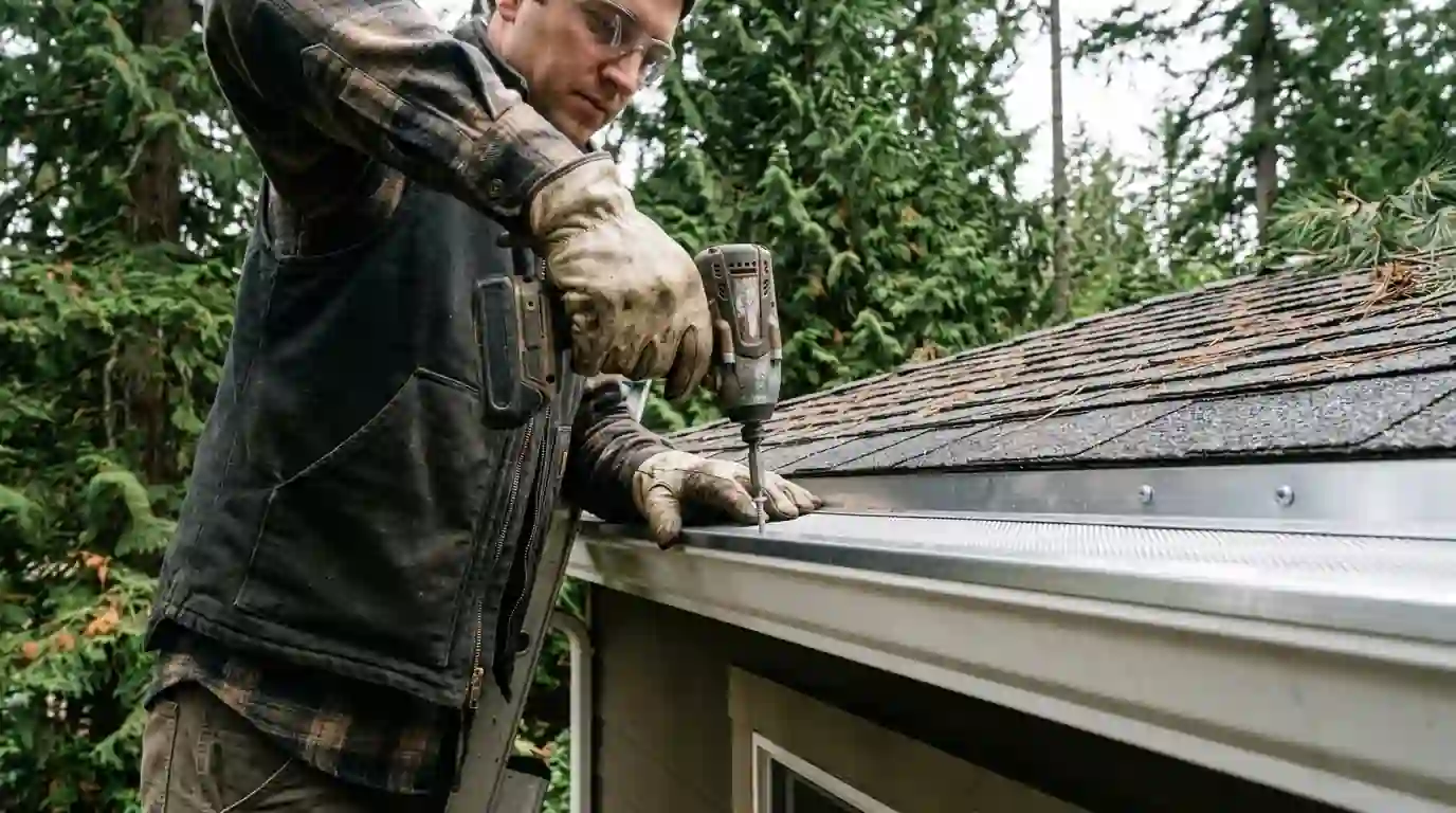 Installer fastening a micro-mesh guard to a gutter